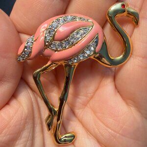 Flamingo Brooch Gold Tone Pink Enamel Rhinestone Statement Pin – 2” Tall